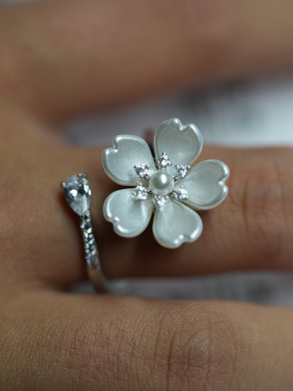 Silver Tone Pearl Flower Ring CZ Adjustable